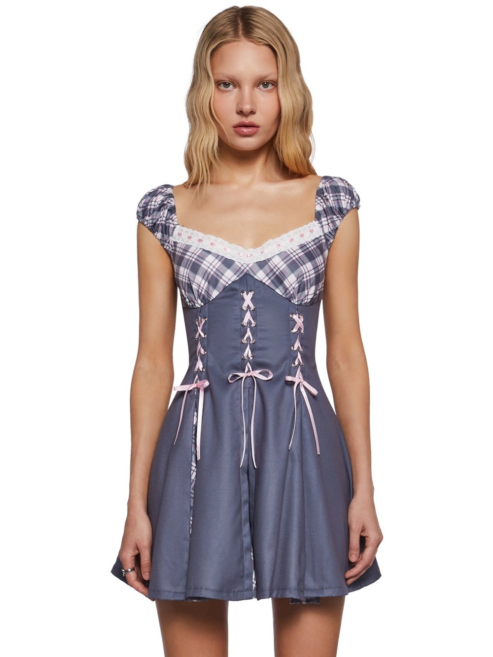 Sugar Thrillz Quiet Please Gray Plaid Lace-Up Corset Mini Dress NWT